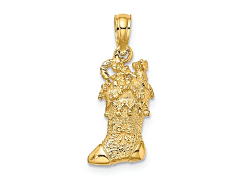 14k Yellow Gold Solid 3D Polished and Textured Christmas Stocking Pendant