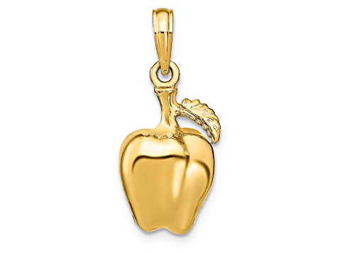 14k Yellow Gold 3D Apple with Stem and Leaf Pendant