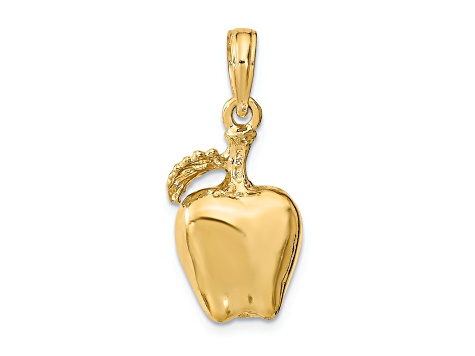 14k Yellow Gold 3D Apple with Stem and Leaf Pendant