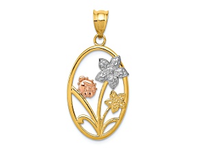 14k Tri-color Gold Diamond-Cut Oval Floral Pendant