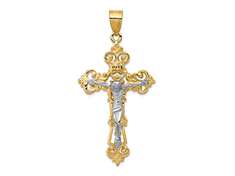 14K Yellow and White Gold INRI Fleur De Lis Crucifix Pendant