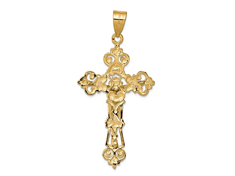 14K Yellow and White Gold INRI Fleur De Lis Crucifix Pendant