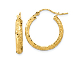14K Yellow Gold 13/16" Polished Textured and Diamond-Cut Fancy Patterned Hoop Earrings