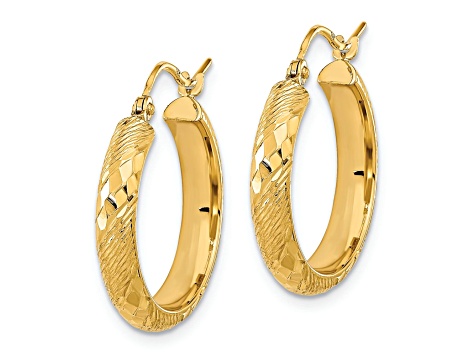 14K Yellow Gold 13/16" Polished Textured and Diamond-Cut Fancy Patterned Hoop Earrings