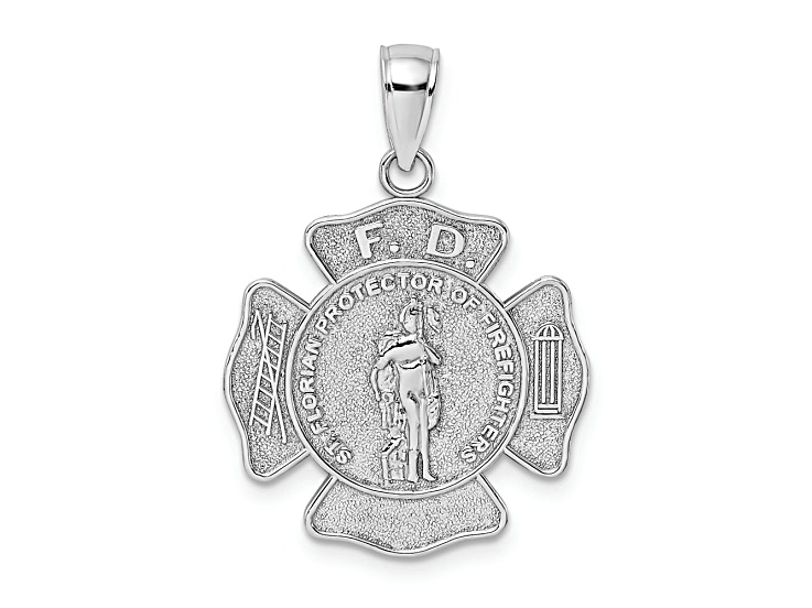 Rhodium Over 14k White Gold Textured Fire Department FD Saint Florian Badge Pendant