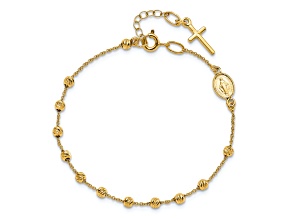 14K Yellow Gold Polished Diamond-cut Cross and Miraculous Medal 0.75 Inch Extension Bracelet