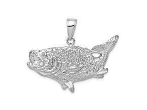 Rhodium Over 14k White Gold Polished and Textured Open-Backed Bass Fish Pendant