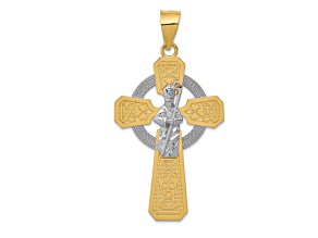 14k Yellow Gold and 14k White Gold Textured and Brushed St. Patrick Celtic Cross Pendant