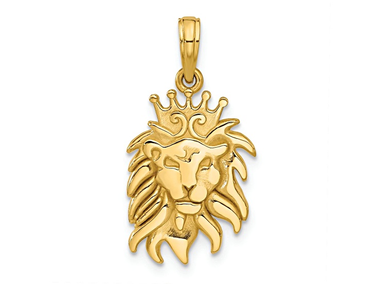 14k Yellow Gold Polished and Textured Lion Head with Crown Pendant