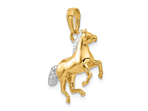 14K Yellow Gold with White Rhodium Diamond-cut 3D Horse Pendant