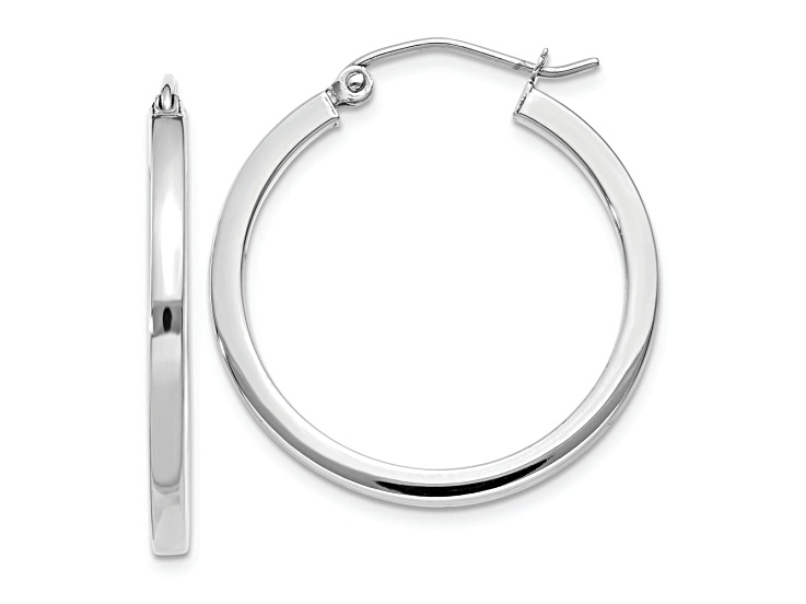 Rhodium Over 10k White Gold 1/1" Square Tube Hoop Earrings