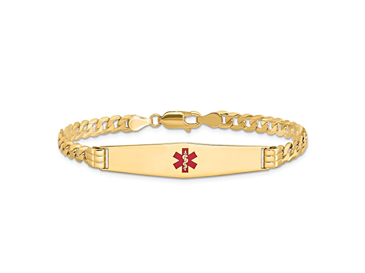 14k Yellow Gold Medical Soft Diamond Shape Red Enamel Curb Link ID Bracelet
