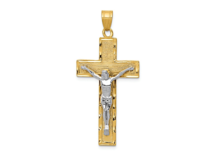 14K Yellow and White Gold Diamond-cut Crucifix Pendant
