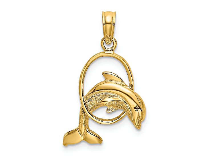 10K Yellow Gold Polished and Textured Dolphin Jumping Through Hoop Charm