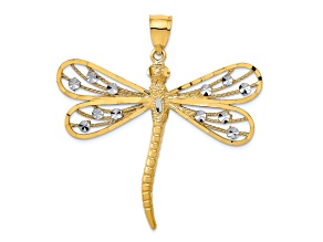 14k Yellow Gold and Rhodium Over 14k Yellow Gold Textured Diamond-Cut Filigree Dragonfly Pendant