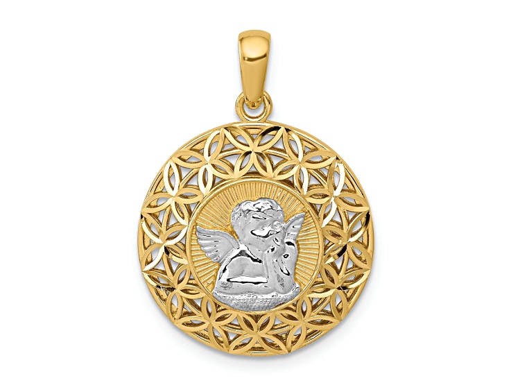 14K Two-tone Gold 3D Diamond-Cut Filigree Guardian Angel Pendant
