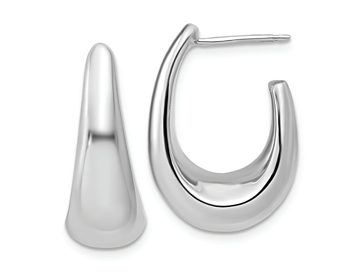 Rhodium Over 14K White Gold Polished Hollow J-Hoop Post Earrings
