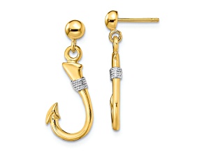 14k Yellow Gold and Rhodium Over 14k Yellow Gold 3D Fish Hook with Rope Dangle Earrings