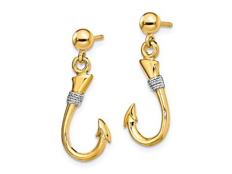 14k Yellow Gold and Rhodium Over 14k Yellow Gold 3D Fish Hook with Rope Dangle Earrings