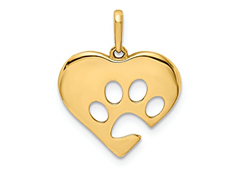 14K Yellow Gold Polished Heart with Paw Print Pendant