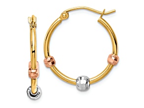 14K Tri-color gold 7/8" Polished with Diamond-Cut Beads Hoop Earrings