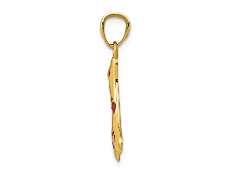 14K Yellow Gold Dog Bone with Red Enamel Paw Prints Pendant