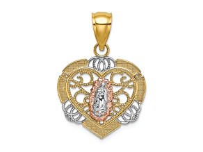 14K Tri-color Gold Textured Guadalupe In Heart Charm