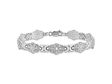 Rhodium Over 14k White Gold Textured Fancy Floral Link Bracelet