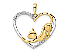 14K Yellow Gold with White Rhodium Diamond-cut Cat Stretching in Heart Pendant