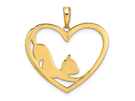 14K Yellow Gold with White Rhodium Diamond-cut Cat Stretching in Heart Pendant
