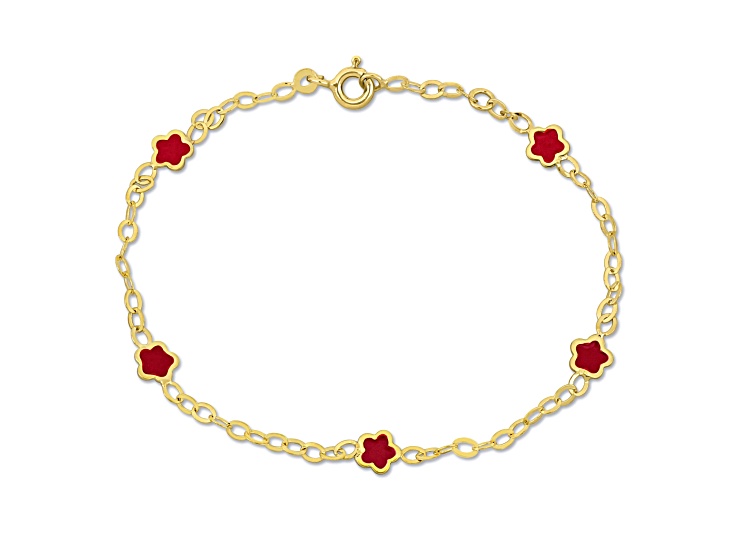 Children's 14K Yellow Gold Pink Enamel Flower Station Bracelet, 7"