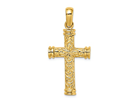 14K Yellow Gold Scroll with Double Endcaps Cross Charm Pendant
