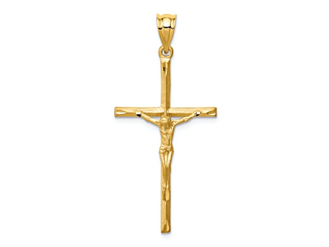 14K Yellow Gold Brushed and Diamond-cut Crucifix Cross Pendant