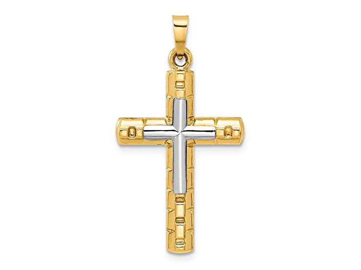 14k Two-tone Gold Textured and Polished Latin Cross Pendant