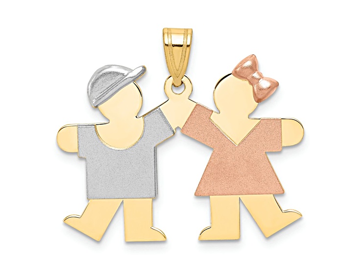 14K Tri-color Gold Satin Small Boy on Left and Girl on Right Charm