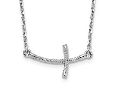 Rhodium Over 14K White Gold Small Sideways Curved Twist Cross Necklace