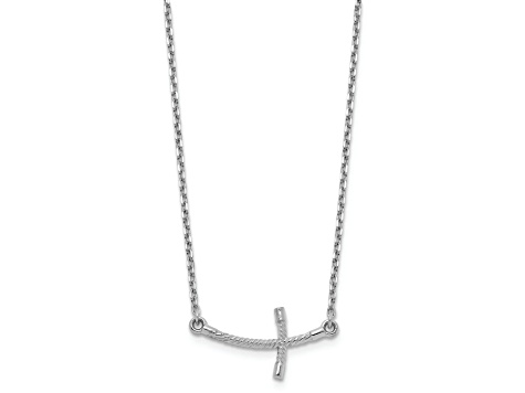 Rhodium Over 14K White Gold Small Sideways Curved Twist Cross Necklace