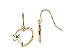 14k Yellow Gold with Enamel Cross Heart Dangle Earrings