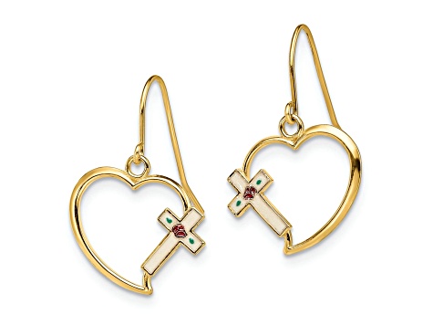 14k Yellow Gold with Enamel Cross Heart Dangle Earrings