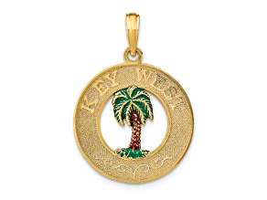 14k Yellow Gold Textured Key West Enameled Palm Tree Circle Charm