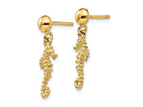 14k Yellow Gold 3D Textured Mini Seahorse Dangle Earrings