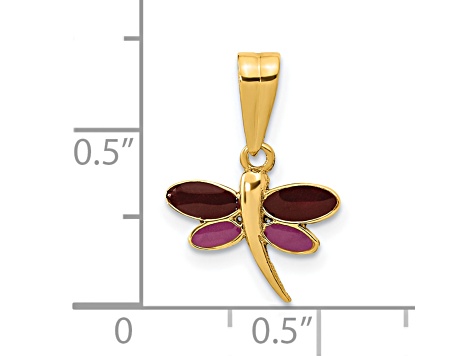 14K Yellow Gold Polished Purple Enamel Dragonfly Pendant