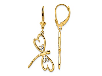 Picture of 14k Yellow Gold and Rhodium Over 14k Yellow Gold Diamond-Cut Dragonfly Dangle Earrings