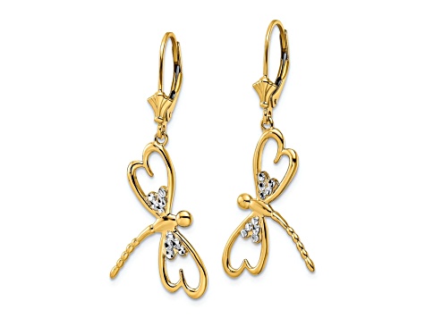 14k Yellow Gold and Rhodium Over 14k Yellow Gold Diamond-Cut Dragonfly Dangle Earrings