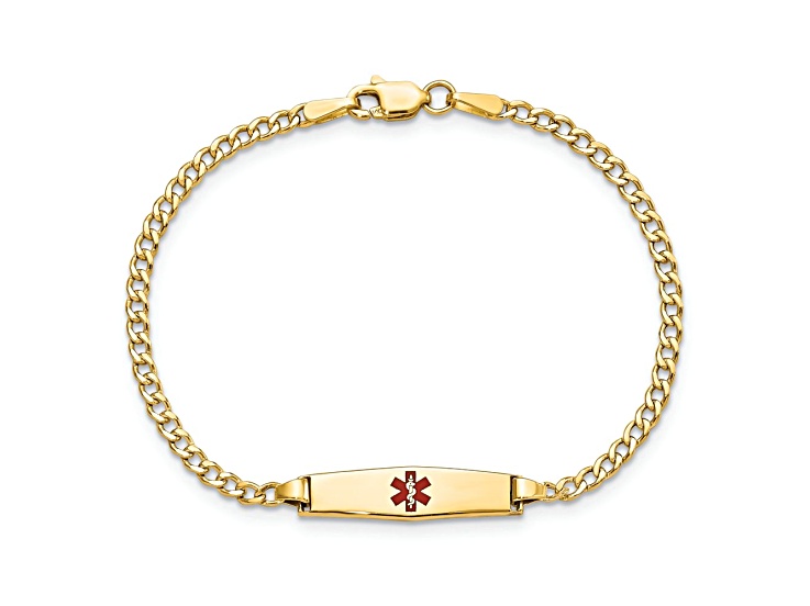 14k Yellow Gold Medical Soft Diamond Shape Red Enamel ID Cuban 7 Inch Bracelet