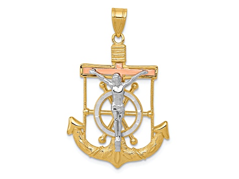 14K Yellow, White and Rose Gold Diamond-cut with Textured Mariner's Cross Pendant