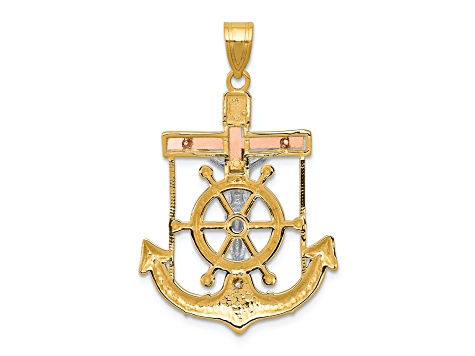 14K Yellow, White and Rose Gold Diamond-cut with Textured Mariner's Cross Pendant