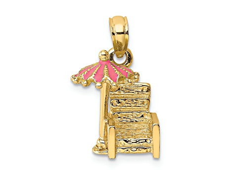 14k Yellow Gold 3D Pink Enamel Beach Chair and Umbrella Pendant