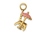 14k Yellow Gold 3D Pink Enamel Beach Chair and Umbrella Pendant