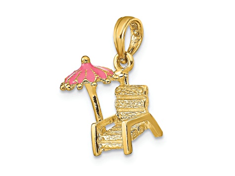 14k Yellow Gold 3D Pink Enamel Beach Chair and Umbrella Pendant